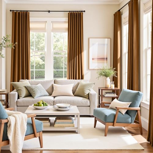 Image of Extra Long Golden Brown Curtains Back Tab 52x108 Inch 2 Panels | Blackout, Lined, Soft, For Tall Windows & High Ceilings, Light Shifting Texture, Elegant Luxury Drape, Rich, Rod Pocket
