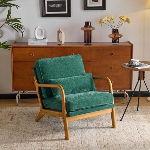 VINGLI Chenille Mid-Century Modern Accent Chair, Cute Reading Arm Chair with Cushion & Lumbar Pillow & Solid Wood Frame for Lounge, Living Room, Reading Room, Bedroom, Forest-Green