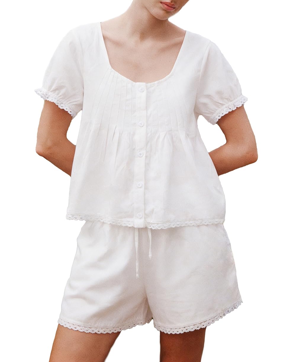 Womens Summer 2 Piece Sets Fashion Button Down Puff Sleeve Lace Trim Pintuck Top and Shorts Cotton Pajamas