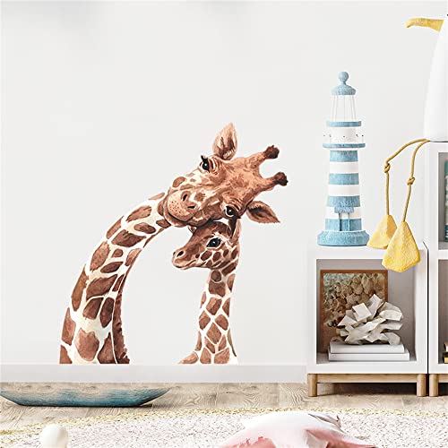 ROFARSO Lifelike Cute Lovely Mother and Little Giraffe Animal Wall Sticker Removable Wall Decal Peel and Stick Wall Art Decoration Home Decor for Nursery Kid Baby Bedroom Living Room Playing Room Mural
