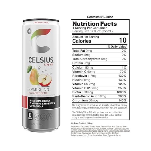 Image of CELSIUS Sparkling Fuji Apple Pear, Sugar Free Energy Drink, 12 Fl Oz (Pack of 4)