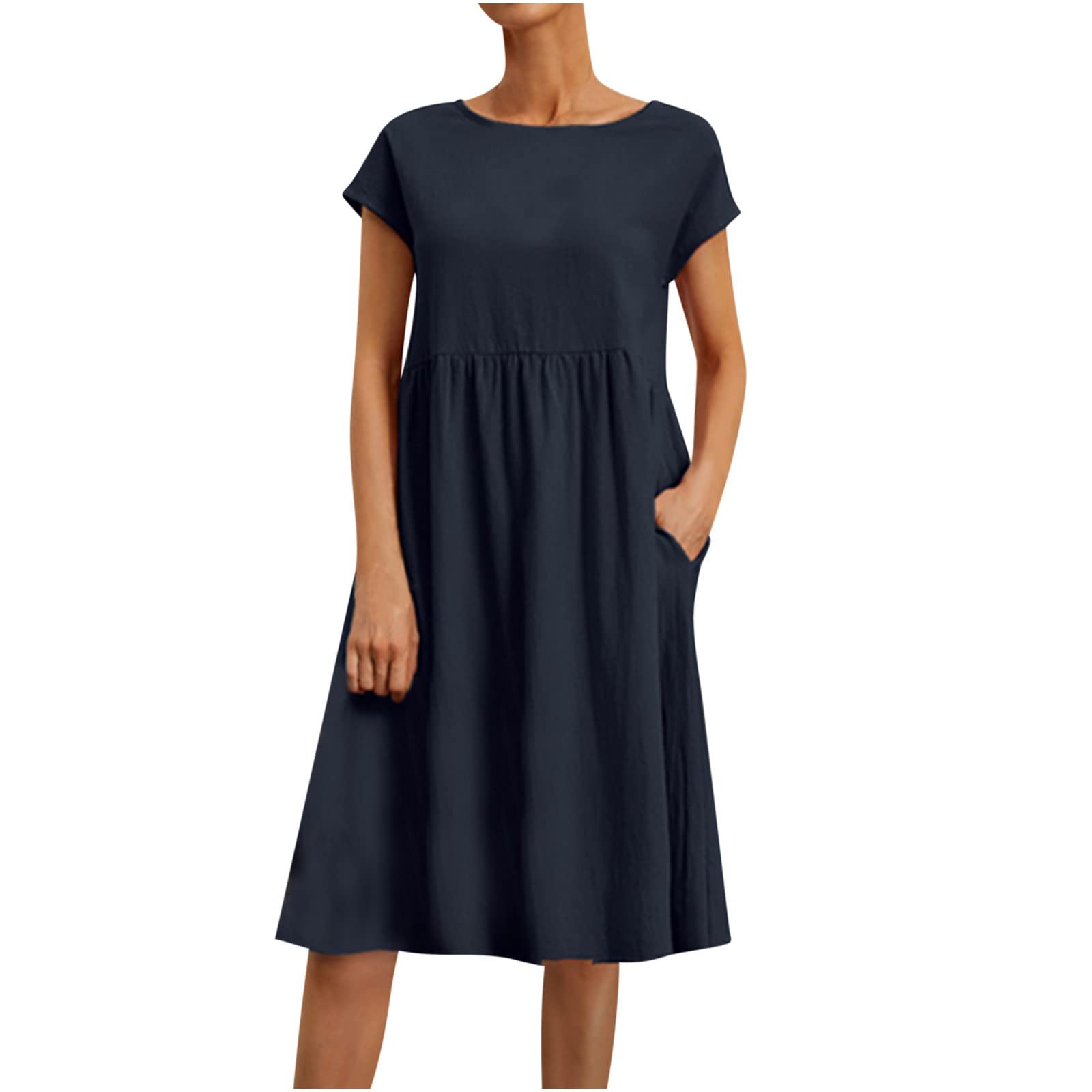 Generic Vestidos de manga corta para mujer, cuello redondo, lino, plisados, hawaianos, para otoño, verano, 2024