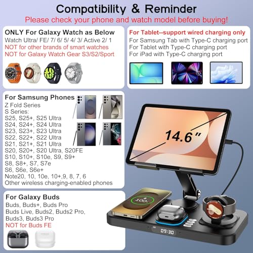 Image of Wireless Charger for Samsung, 30W Foldable Fast Charging Station with Clock /7-Color Light for Tablet Stand, for Samsung S25, Wireless Watch Charger Only Compatible with Galaxy Watch 7 /6 /5, Buds-Black
