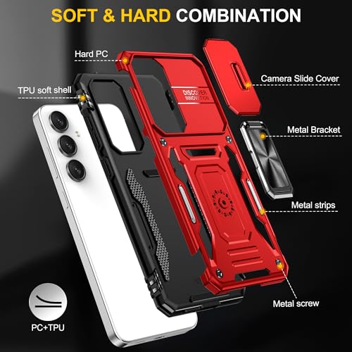 Ezanmull for Samsung Galaxy A16 5G Case with Slide Camera Cover + Screen Protector(2 Packs), Rotated Ring Kickstand Military Grade Shockproof Protective Cover for Samsung Galaxy A16 5G (Red)