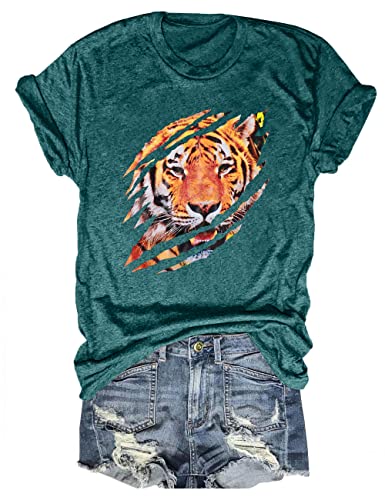 Lukycild Tiger Tshirt Women Vintage Animal Graphic Shirt Short Sleeve Summer Casual Tee Tops (Green, X-Large) #TOP17