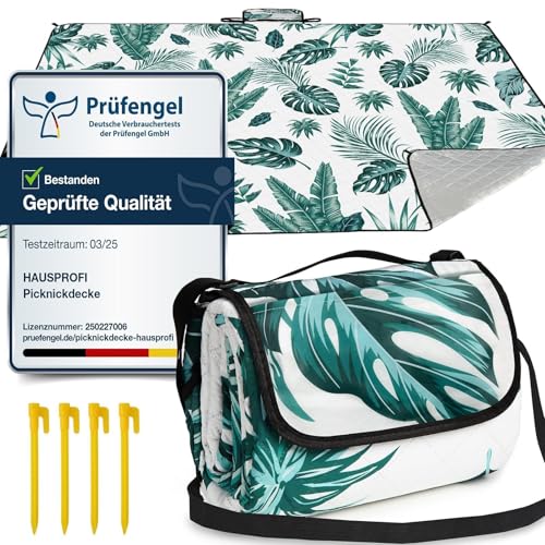 HAUSPROFI Picknickdecke 200x300 cm wasserdicht & isoliert - XXL Outdoor Decke für Picknick Strand Camping mit Baumwolle gepolstert inkl. Tragegriff & Heringe Tragbar Waschbar & formstabil