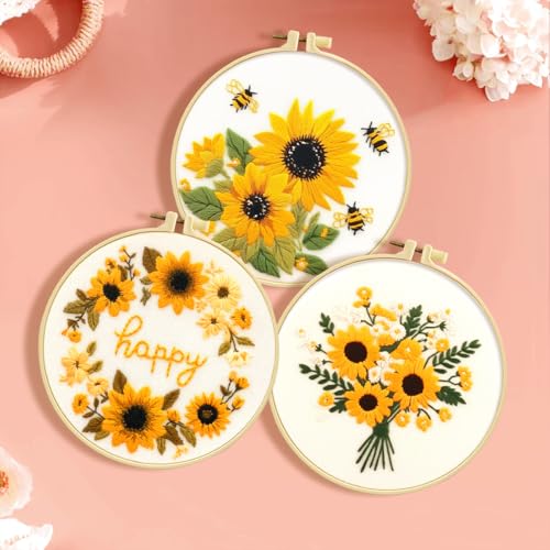 Image of Zhenqing Sunflower Embroidery Kit 3 Designs | 11.4 inchx11.4 inch Beginner-Friendly Hand Embroidery Set with Hoop & DMC Threads | DIY Home Wall Decor, Mindful Gift for Mothers Day C0005