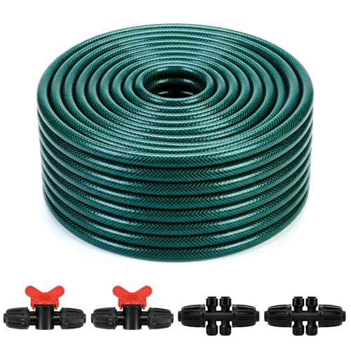 Image of Flantor Garden Irrigation Tubing, 50ft 1/2" Tubing with 4 x 6-Way Connectors for 1/4" Hose, Flexible Distribution Drip System for Garden Greenhouse, Flower Beds, Patio, Lawn (50ft)