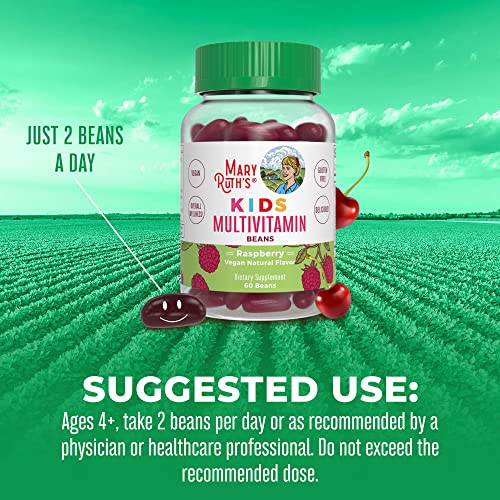 Maryruth's Multivitamin Multimineral Vita-Beans For Kids | Vegan Chewable Vitamins For Ages 4+ | Immune Support, Bone Health | Raspberry Flavor | 60 Count #TOP3