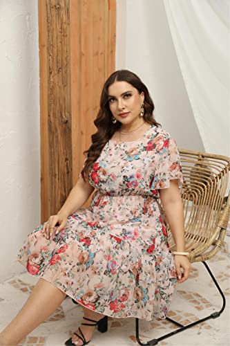 Hbeyyto Women Plus Size Dress Short Ruffle Sleeve Square Neck Chiffon Floral High Waist Flowy Maternity Dresses 2X Apricot #TOP7