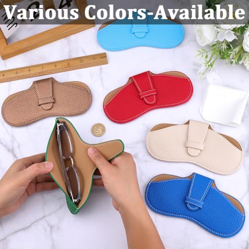 Image of CREATCABIN Slim Glasses Case Leather Sunglasses Case Bag Portable Travel Eyeglass Spectacle Holder Pouch Cover Lightweight with Soft Cleaning Cloth Gift for Women Men Beach Holiday 6.9x3.4 Inch Green