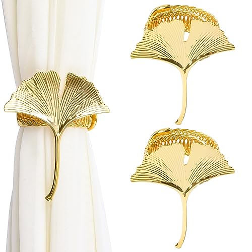 UFURMATE Curtain Tiebacks, 2Pcs Metal Drapery Holdback Modern Simple Style Curtain Tie Backs Strenchy Wire Rope Curtain Straps for Home Decor (Ginkgo Leaf)