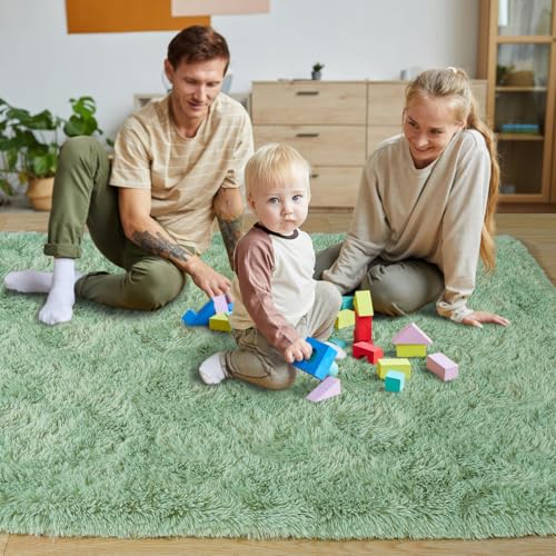 KING DARE 8x10 Area Rugs for Living Room, Soft Plush Fluffy Shaggy Fuzzy Furry Large Green Rug, Anti-Slip Washable Modern Big Floor Carpet for Bedroom Aesthetic Home Decor