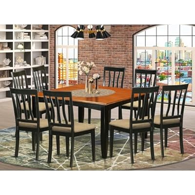 HomeStock Island Oasis 9 Piece Dining Room Set Includes a Square Kitchen Table with Butterfly Leaf and 8 Linen Fabric Upholstered Dining Chairs, 54x54 Inch, Black & Cherry
