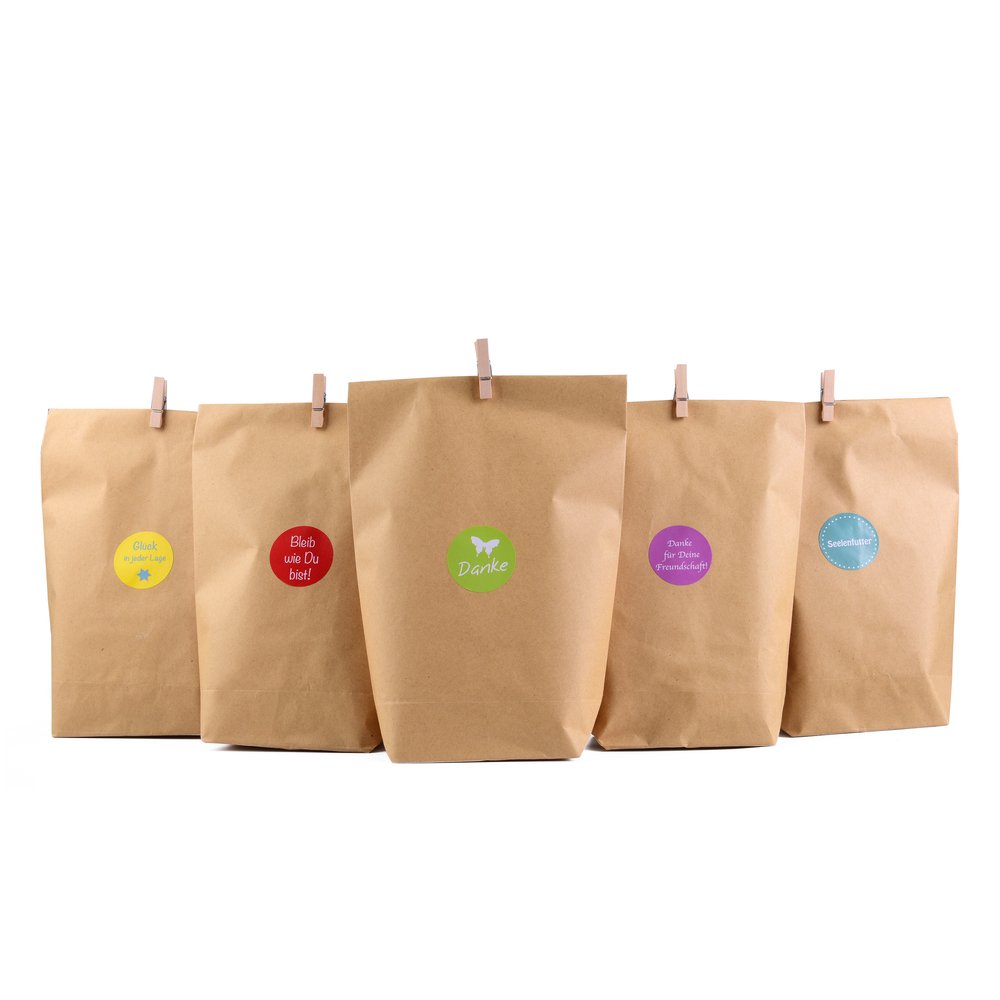 Gift Bags Set "Natural", 72 Pieces -24 Gift Bags + 24 Stickers (German Language) + 24 Mini Wooden Pegs, Gift Bag for Presents, Biscuits, etc.