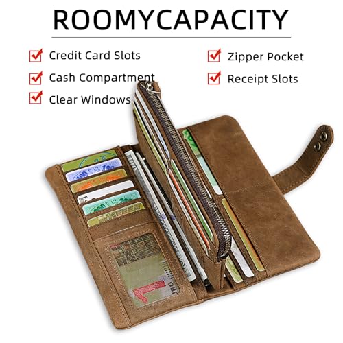 Image of Genuine Crazy Horse Leather Travel Gift Coin Pocket Card Case Long Organizer Chain Rfid Wallet Purse With Snap For Men Male 1803 1815 (1803 Brown 26b)