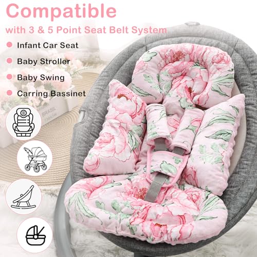 Image of DILIMI Infant Car Seat Insert, Baby Car Seat Head Support with 3 Strap Paddings, Soft Newborn Car Seat Cushion for Stroller, Swing, Bouncers, Pink Flower
