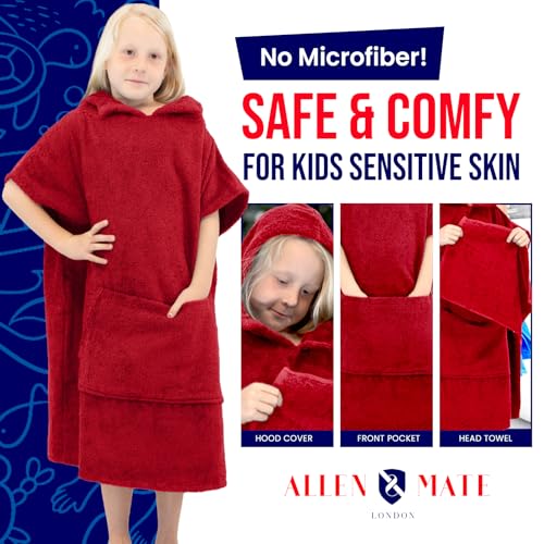 Image of ALLEN & MATE 100% Cotton Kids Hooded Surf Poncho Changing Robe, Quick Absorbent Wearable Swim Towel Boys & Girls, 6-13 Years