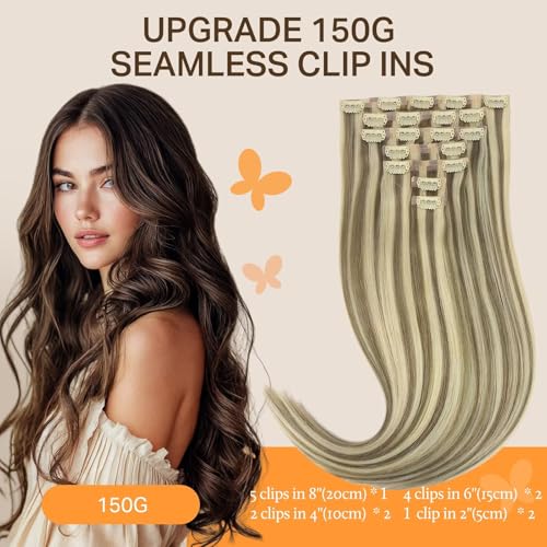 Image of DOORES Seamless Clip-in Hair Extensions, Light Brown Highlighted Medium Blonde 18 Inch 130g 7pcs, Virgin Silky Straight Thick Hair Extensions