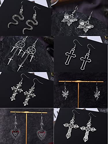 16 Pairs Gothic Spooky Earring Set | Metal Punk Y2K Silver Snake Butterfly Cross Evil Eye | Mystic Dangle Earrings for Halloween Night, Dark Retro Harajuku Punk Rock 20253