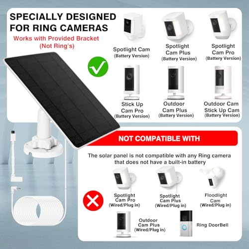 Solar Panel for Ring Camera, Compatible with Ring Spotlight Cam Battery/Plus/Pro & Stick Up Cam Battery/Pro, 1 Pack 6W Solar Charger USB-C & DC for Security Camera, Fast Charging