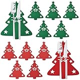 Qzakce Porta Cubiertos de Navidad 12 Piezas Bolsas para Cubiertos de Fieltro Navideñas con Forma de Árbol y Motivos de Estrella Decoración de Mesa Navideña (Rojo y Verde)