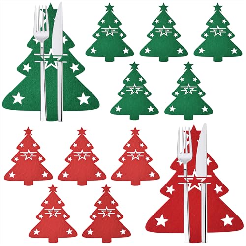 Qzakce Porta Cubiertos de Navidad 12 Piezas Bolsas para Cubiertos de Fieltro Navideñas con Forma de Árbol y Motivos de Estrella Decoración de Mesa Navideña (Rojo y Verde)