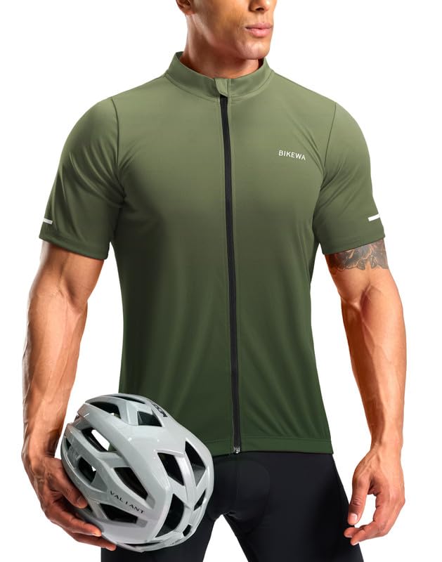 Bikewa Mens Cycling Jersey Full Zip 3+1 Rear Zipper Pockets Short Sleeve UPF50+ Bike Bicycle Riding Shirt Moisture Wicking MTB Biker Road Biking Shirts for Men(Gradient Army Green S)