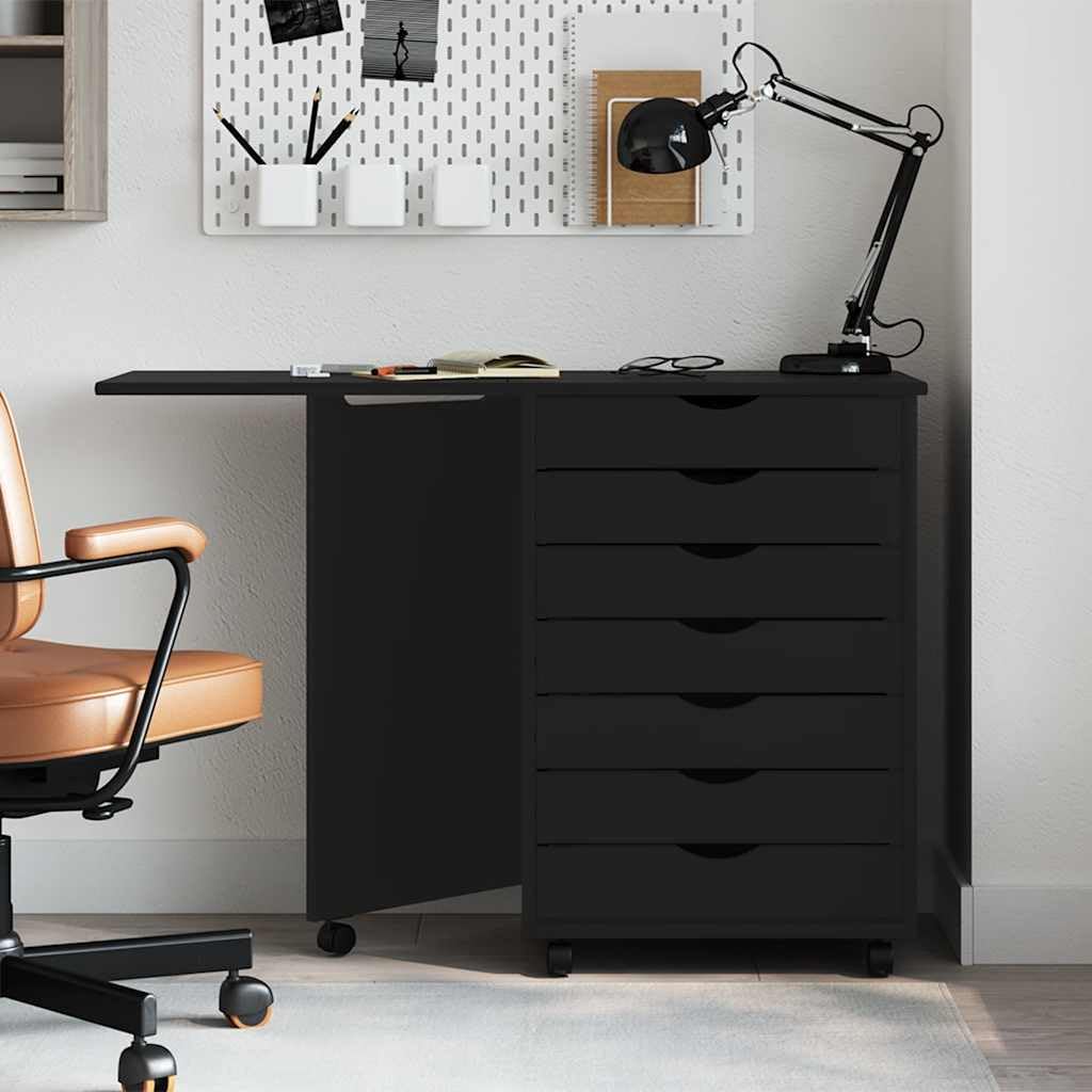 vidaXL Rolkast met bureau MOSS massief grenenhout zwart, ladekast, kantoorkast, kantooropbergkast, archiefkast, bureaukast, opbergwagen met laden