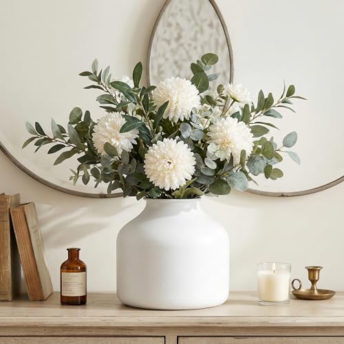 Image of Goaste Metal Matte Flower Vase, White Vase for Flowers, 6.3 Inch Tall Iron Frosted Floral Arranging Vases, Nordic Style Round Boho Vases for Modern Minimalist Home Decor, Wedding, Bookshelf