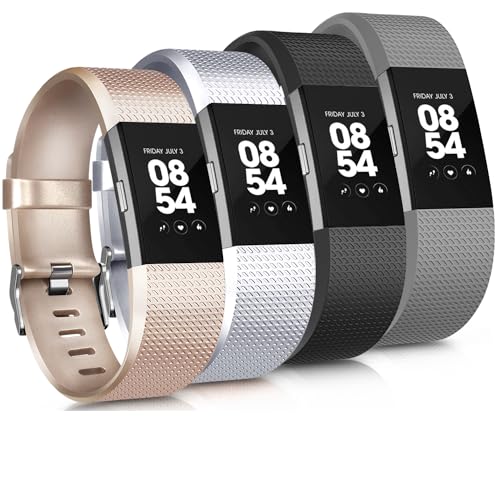 Tobfit Sport Bands Compatible for Fitbit Charge 2 Classic Edition, 4 Pack, Champagne Gold, Silver, Black, Gray, Large