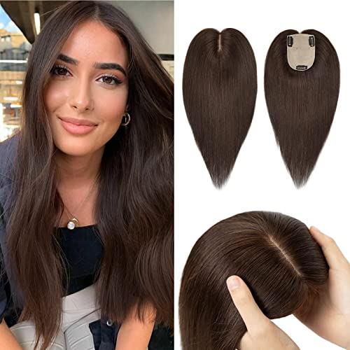 Hairro Human Hair Toppers for Women, 12 Inch Remy Clip in Hair Piece, 130% Density 3.2x4.7 Silk Base for Parting, Virgin Human Hair Wigs for Thinning Hair/Hair Loss/Grey Hair #2 Darkest Brown