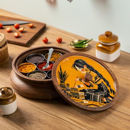 Image of Wooden Spice box for kitchen with spoon, Mango wood box with 7 Steel containers | Masala box for kitchen | Masala Dani | Best Gift (Yellow Masala Box)