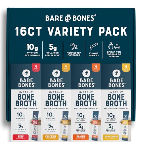 Bare Bones Bone Broth Packets Powder Variety Pack | 5g Collagen | 10g Protein | Keto & Paleo Friendly | No Artificial Flavors | Non-GMO, Gluten-Free, Dairy-Free Rich Savory on-the-go 16 Pack