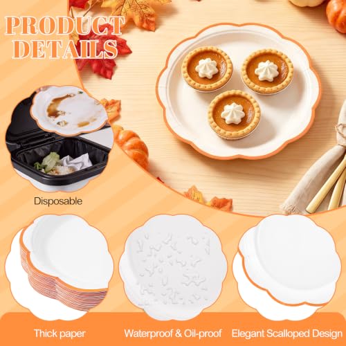 Image of 30 Pcs Orange and White Paper Plates, 7 In Scalloped Fall Plates Disposable