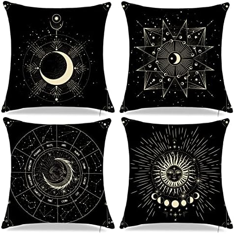 TLitdr Moon Throw Pillow Covers,Mysterious Witchy Decoration Pillow Cover,Retro Mandala Sun and Moon Pillow case 18" x 18"Set of 4,Bohemian Couch Cushion Covers Home Decor Pillowcase Black