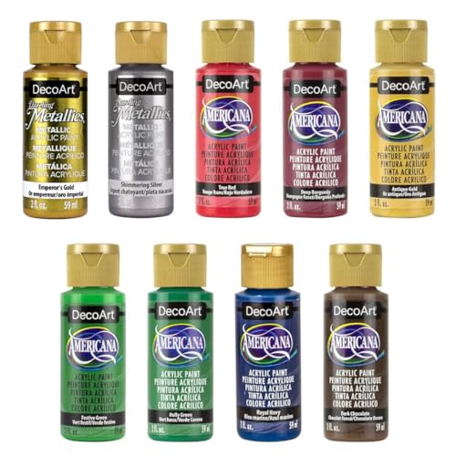 Decoart Americana Acrylic Paint Set – Holiday Colors, 9 Bottles (2 Fl Oz) – Art And Craft Acrylic Paints For Canvas, Wood, And More