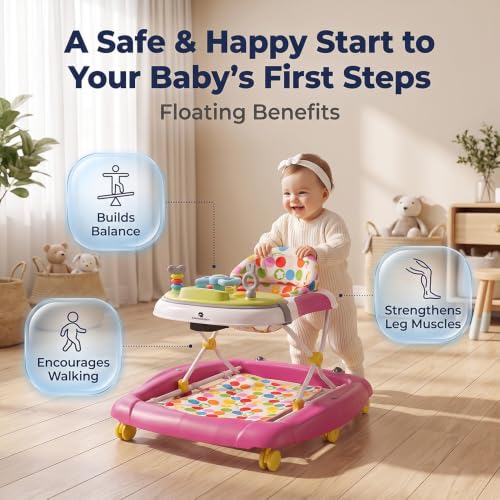 Image of StarandDaisy Baby Walker for Kids with Parent Push Handle, Joyhop 4-in-1 Foldable Activity Walker, Musical Toy Tray, Adjustable Height, Anti-Fall Safety Stopper, Baby Walking Trainer (Pink)