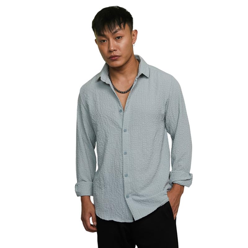 Image of CAHOOT Men's Veined-Textured Shirt | Casual Wear | Spread Collar | Long Sleeve | Button Closure | Shirt Crafted with Comfort Fit for Everyday Wear