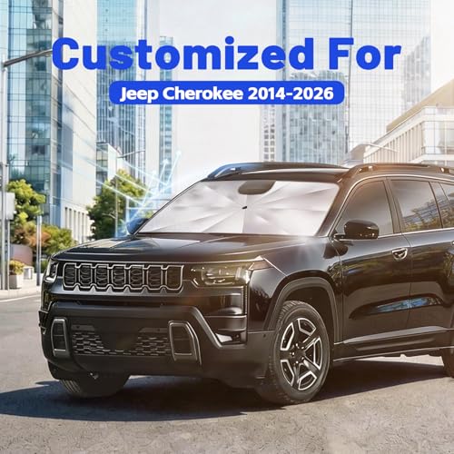 Image of Car Windshield Sun Shade for Jeep Cherokee 2014-2026 -[Reflective Coated Fabric] Sunshade Umbrella for Front Window, Car Shades Sun Visor Keep Car Cool and Protects Interior, 1:1 Exact Fit