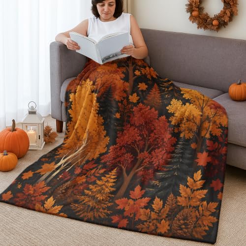 Couverture peluche 152x203 cm avec sapins rustiques orange