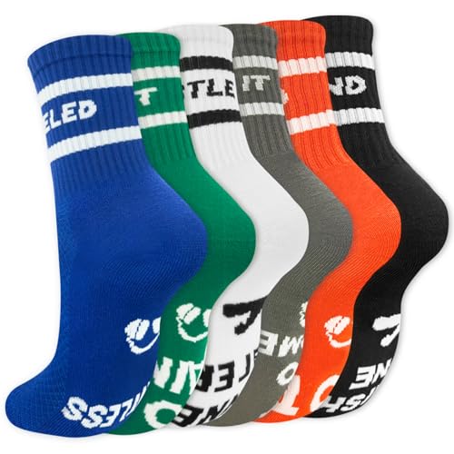 ONECOS 6 Pairs Funny Socks for Weight Lifting, Athletic Gym Workout Crew Sports Socks, Novelty Crazy Gift for Men Women(US, Alpha, One Size, Regular, Regular, Bright)