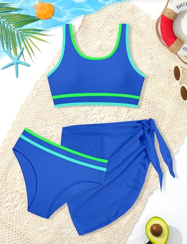 Image of Girls Swimsuit Double Strap High Waist Sporty Bikini Swimsuits Swim Cover Up Skirt 3 Piece Set