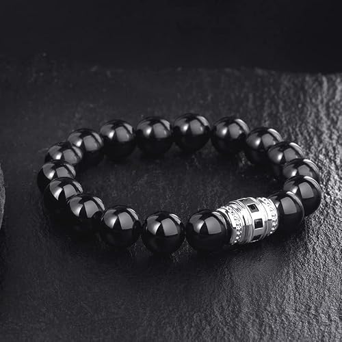 Fancime Mens Obsidian Beads Bracelet 925 Sterling Silver Practice Charm With Elastic Cord Anniversary Valentines Day Christmas Jewelry Gift For Dad, 8.3" #TOP3