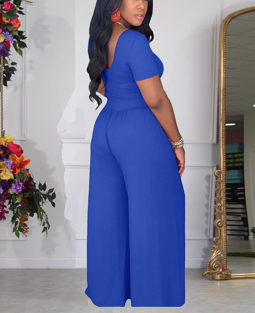 HBQ Two Piece Outfits For Women Casual Sweat Suits Backless Short Sleeve Crop Tops Wide Leg Pants Lounge Sets Tracksuit-Blue-XXL - Image 3