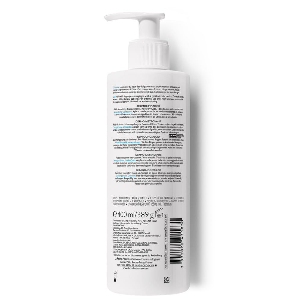 La Roche Posay Toleriane, Fluido Detergente e Struccante, Per Pelle Sensibile e Reattiva, Pelle Detersa a Fondo e Lenita, Irritazioni e Rossori Ridotti, Con Glicerina Idratante, 400 ml