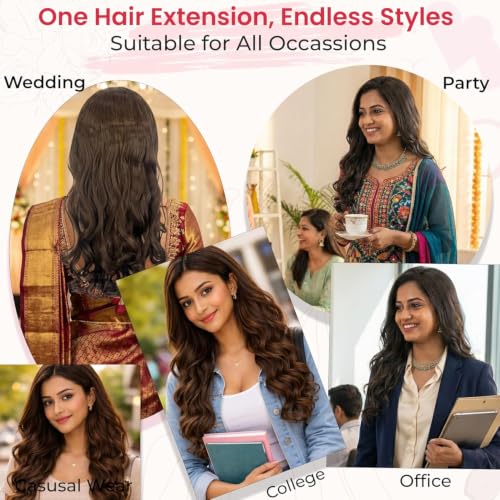 Image of TEMPERIA Hair Extensions and Wig for Women & Girls - Wavy & Curly | Long False Synthetic Artificial Clip on 5 Clips Attached Curls for Bridal & Wedding | Highlight Colour (1pc)