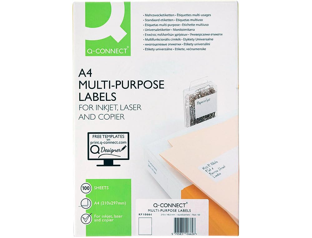 Q-Connect 210 x 297 mm A4 Multi-Purpose Labels (Pack of 100 Sheets)