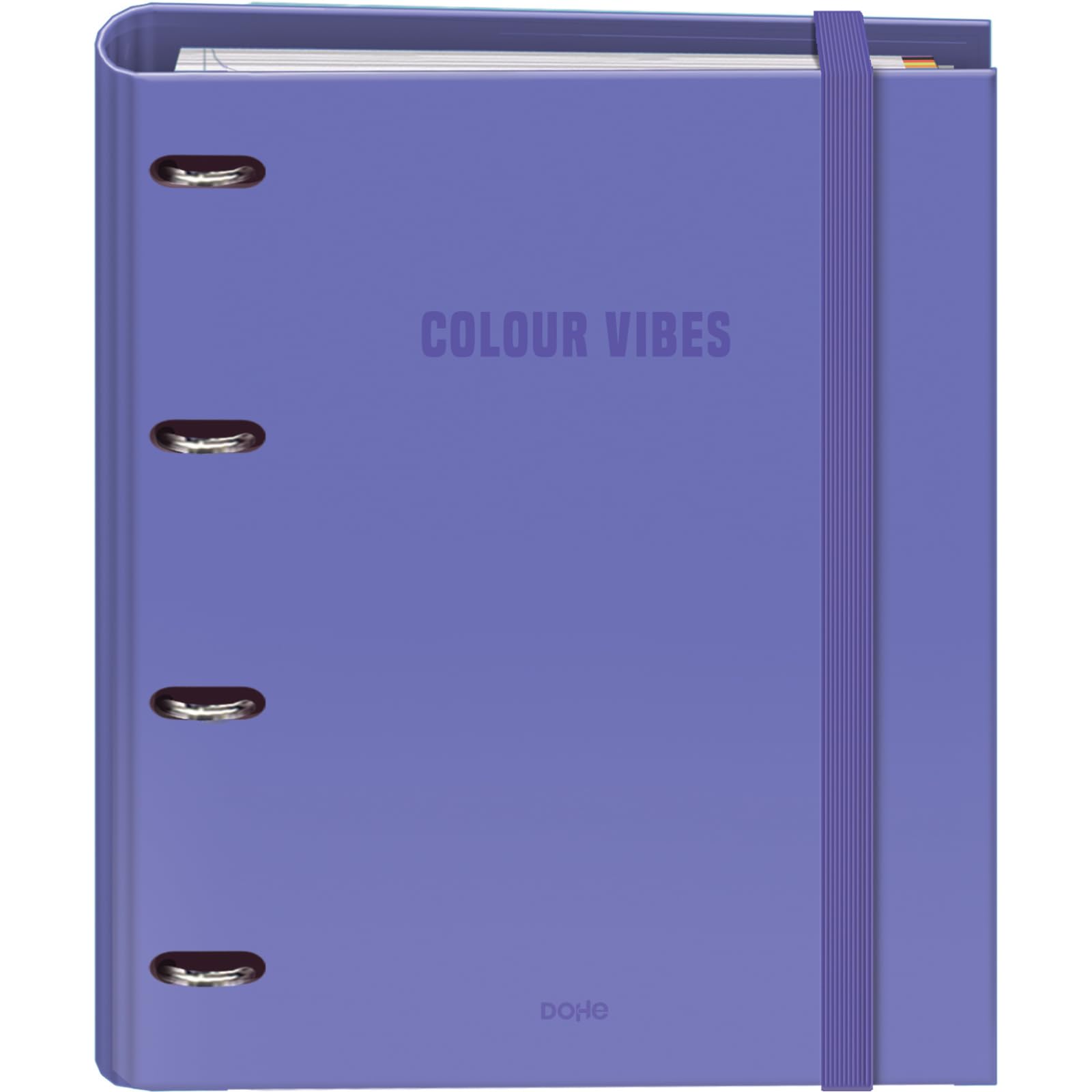 Dohe - Binder with Refill - 4-Ring Folder, A4 (28x32 cm), 100 Sheets 5x5 mm Grid Paper, 4 Colour Dividers, Extra Storage Pocket and Elastic Closure - Colour Vibes Purple