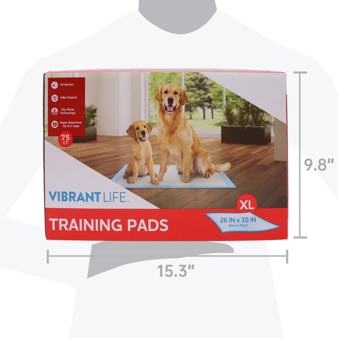 Vibrant Life XL Training Pads, 26" x 30", Super Absorbent & Leakproof, (75)
